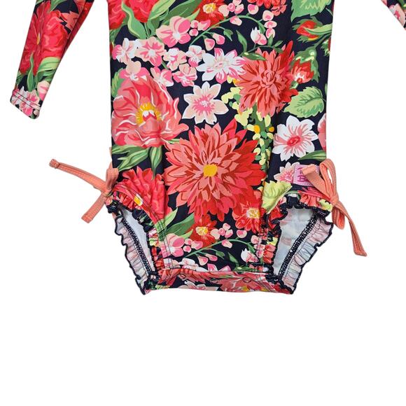 Rufflebutts UPF 50+ Sunset Garden Floral One Piece Rash Guard swimsuit sz 6-12m - Picture 4 of 5